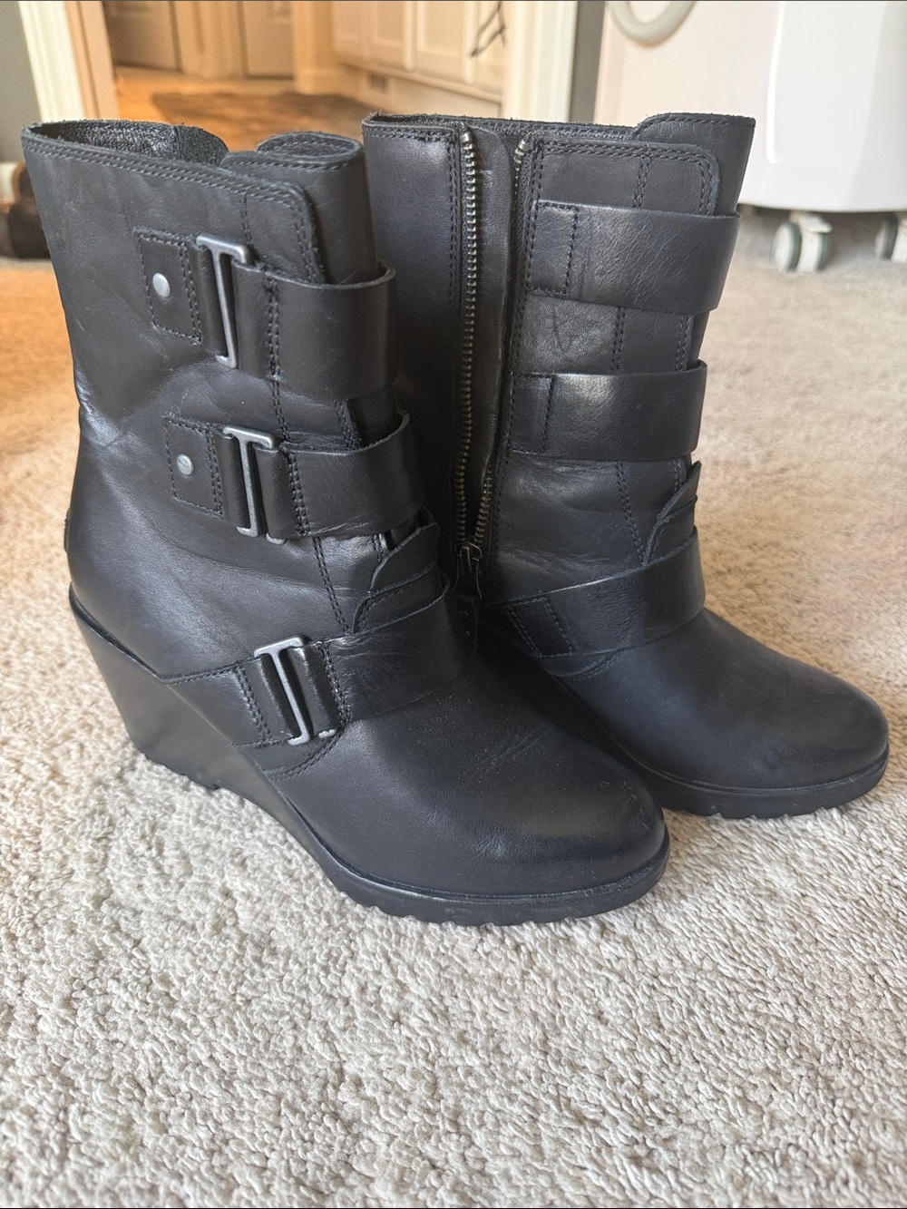 Sorel Black Wedge Ankle Boots with Triple Strap Detail